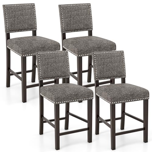 Conjunto de 4 butacos de altura para barra COSTWAY, con cojín grueso acolchado, patas de madera de caucho sólida y reposapiés, estilo moderno para cocina, cafetería y pub