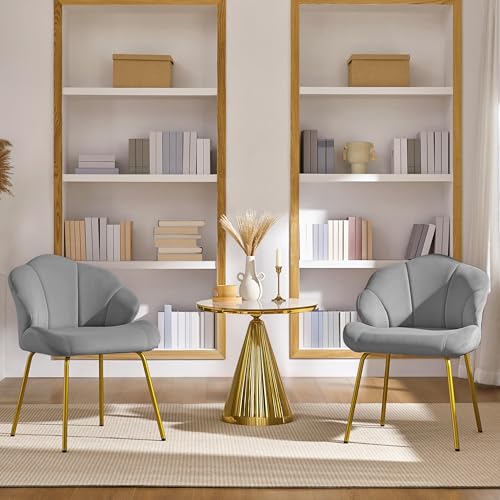 Image of Yaheetech Vanity Chair, Velvet Accent Chair with Shell-Shaped Backrest, Modern Armchair with Gold Metal Legs for Dressing Room /Bedroom /Living Room, Light Gray