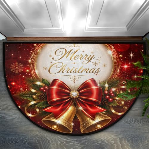 Image of Half Round Doormat Washable Kitchen Semi Circle Rug xmas Golden Bell Holly