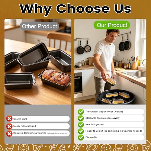 Image of NPLUX Loaf Pans with Lids, 100 Pack Black Gold 6.8oz for Bakery Gifts | Use for tasting samples, dessert bars, fruit cups and brownies; clear top helps buyers see the finished look.