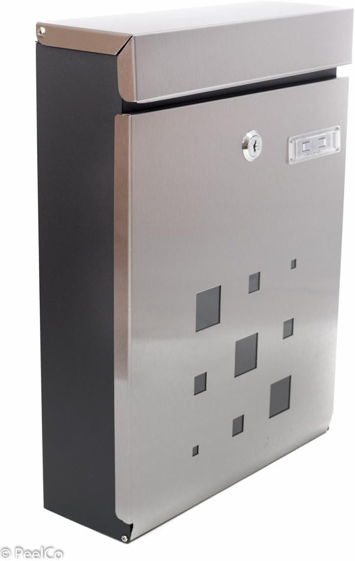 Modern Stainless Steel Mailbox - Vertical Wall Mount - Powder Coated Galvanized - Weather Proof - Lockable w/Spare Keys (Stainless Steel w/Black Trim)