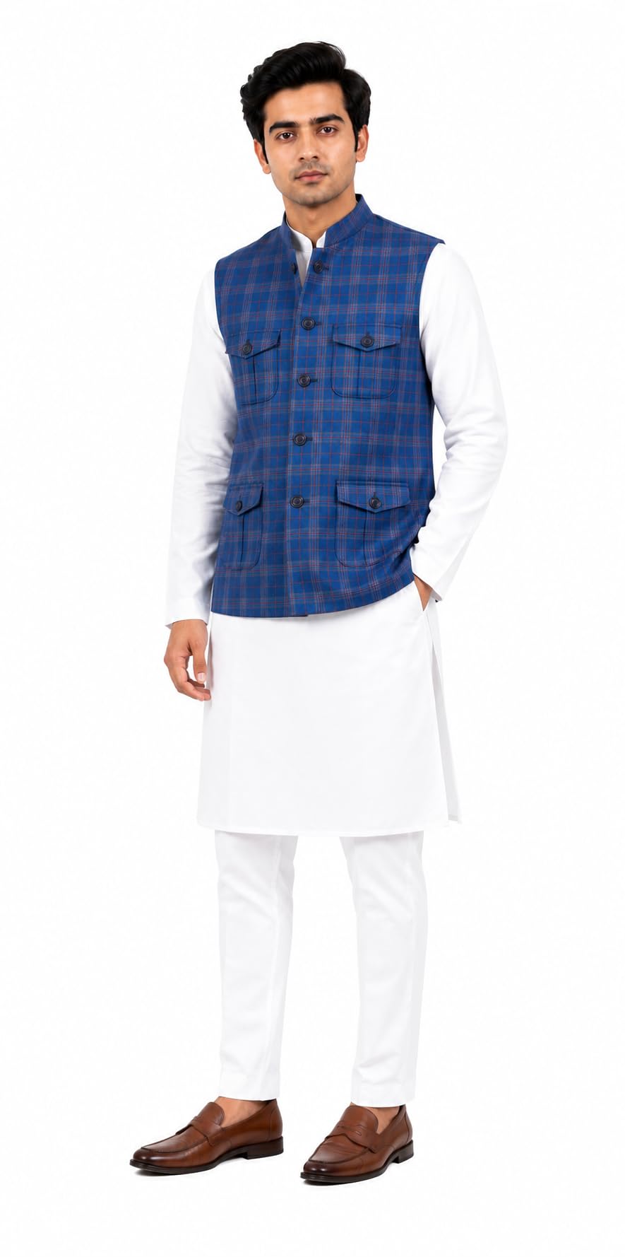 Men's Blue Plaid Nehru Jacket,Safari 4 pocket Style Sleeveless Waistcoat with Button Front and Multiple Pockets-image-17