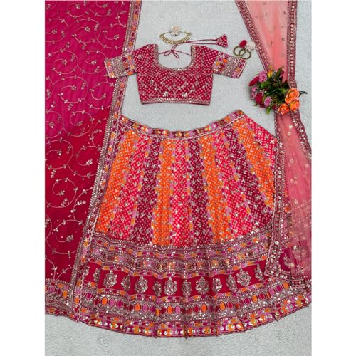 Image of Women's Satin Blend SF108549 Diwali Outfit Bridal Orange Indian Casual Wear Semi-stiched Lehngacholi