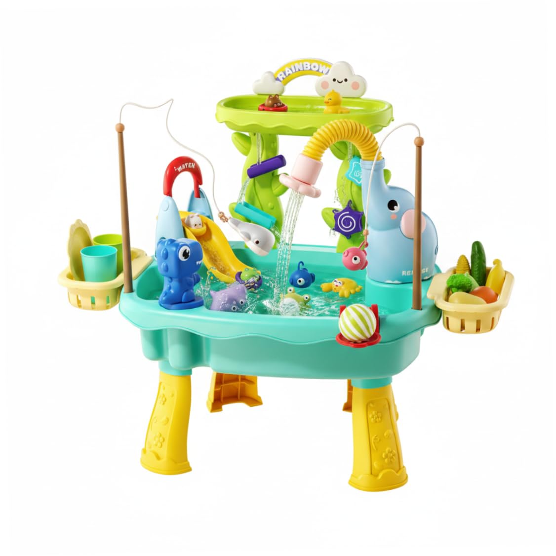 Mesa de Juegos Acuáticos, Bandejas de Agua 6 en 1 de 2 para Niños con Funciones de Circulación, Tobogán y Pesca Azul