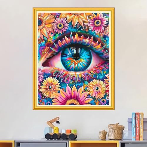 Image of Magxvouy Cross Stitch Kits Stamped Full Range of Embroidery Kits,Cross Stitch Patterns Needlework Kits for Beginners 11CT Printed Kits&Colorful Eye Flowers 16x20 inch