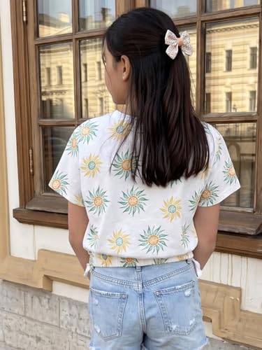 Image of Li'l Tomatoes Girls 100% Cotton Printed Top | Half Sleeve Casual Summer Top for Girls | Soft & Breathable Everyday Wear | Floral Sunflower Print | 9-16 Years