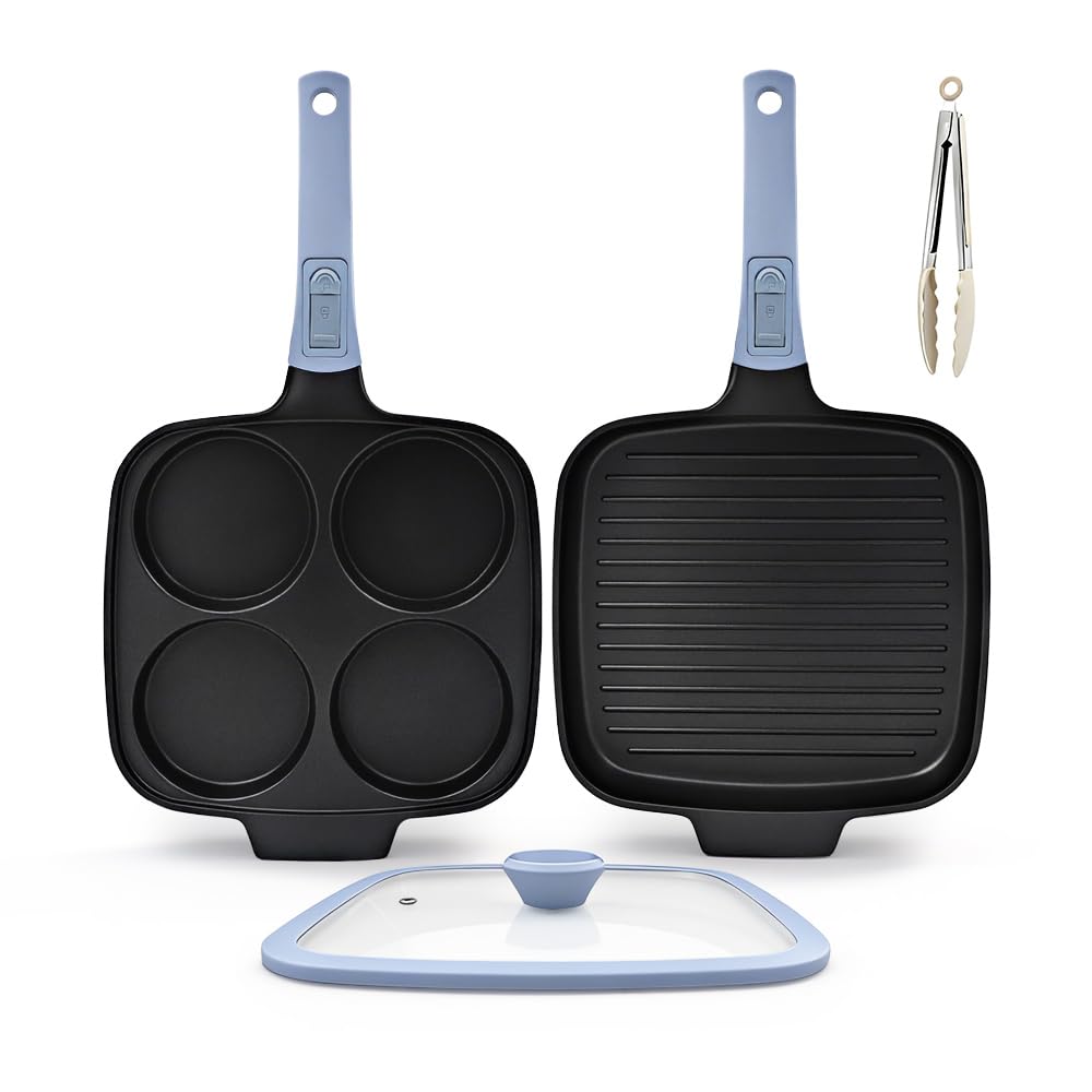 2-Teiliges Pfannenset mit Eierpfanne und Grillpfanne, Blau