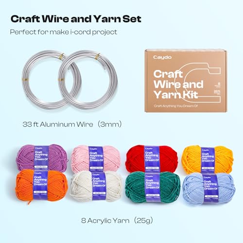 Image of Caydo Aluminum Craft Wire and Acrylic Yarn Skeins Kit, i-Cord Knitting Kits for Beginner for DIY Handicraft Making, 8x25g Yarn & 2 Roll 5M x 3 mm Wire