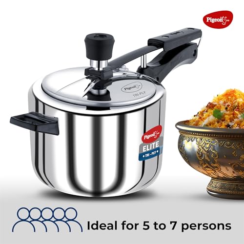 Image of Pigeon by Stovekraft Elite Shine 5L Tri-Ply Body Inner Lid Pressure Cooker Induction and Gas Stove Compatible that Distributes Heat Evenly for Uniform Cooking (Silver)