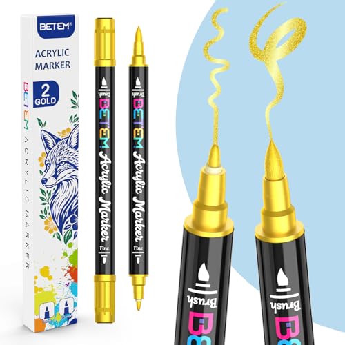 Image of Betem 2 Gold Metallic Paint Markers for Glass, Dual Tip Acrylic Paint Pen