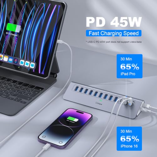 Image of Powered USB Hub 10Gbps, intpw YH9AC 12-Port USB Splitter with USB A /USB C 3.2, 7 USB 3.0, 2 PD 45W Charging Ports, 65W Power Adapter + 3.3FT Cable, Aluminum USB Extender Hub for Laptop /PC /iPhone 16 /15