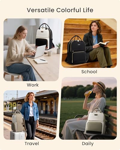 Image of LOVEVOOK Laptop Backpack for Women with Giant Tumbler Holder Pocket, 15.6 inch Travel Work Backpack Purse for Teacher Nurse, Waterproof College Book Bag Cute Casual Daypack, Beige-Black-Brown