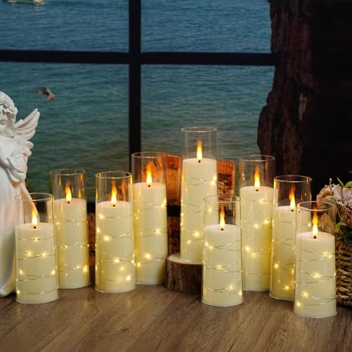 Image of Nimiko Flickering Flameless LED Candles,Battery Operated Candles 9 Pcs with Embedded Star String,Acrylic LED Pillar Candles with Remote,Suitable for Home Decoration to Create an Atmosphere (Ivory)