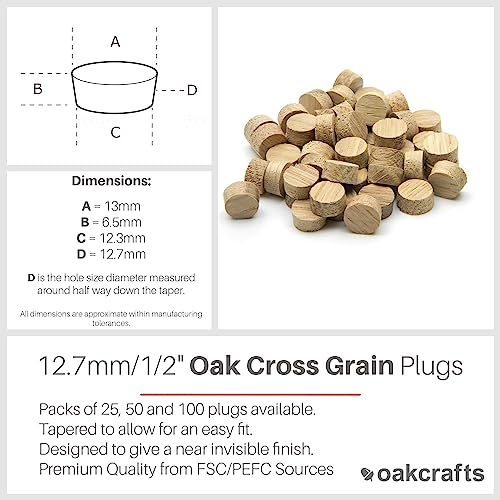 Oakcrafts - 12.7mm - 1/2" Oak Flat Head Cross Grain Plug - Pack of 25 - Image 2