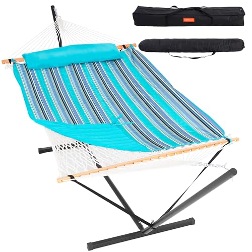Lazy Daze Hammocks 2 Person Portable Hammock with 12FT Stand, Double Hand Woven Cotton Rope Hammock with Detachable Quilted Pad & Pillow for Outside, 450lb Capacity, Blue Stripes