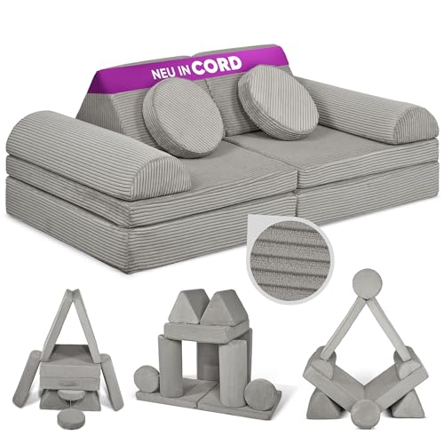 Linodino® Spielsofa Cord Fantasiewelt, Kindersofa-Bausteine - Stapelsteine für Kinder - Kindercouch, Sofa-Kuschelecke | Schaumstoff-Softbausteine | Oeko-TEX 100 Zertifiziert | Elefanten Grau