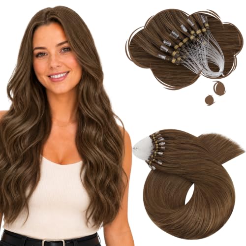 Image of Moresoo Micro Bead Hair Extensions Real Human Hair, Light Brown, 20 Inch | 50g 50 Strands, no heat no glue, soft brunette blend, long straight hair, salon clients, weekend outings