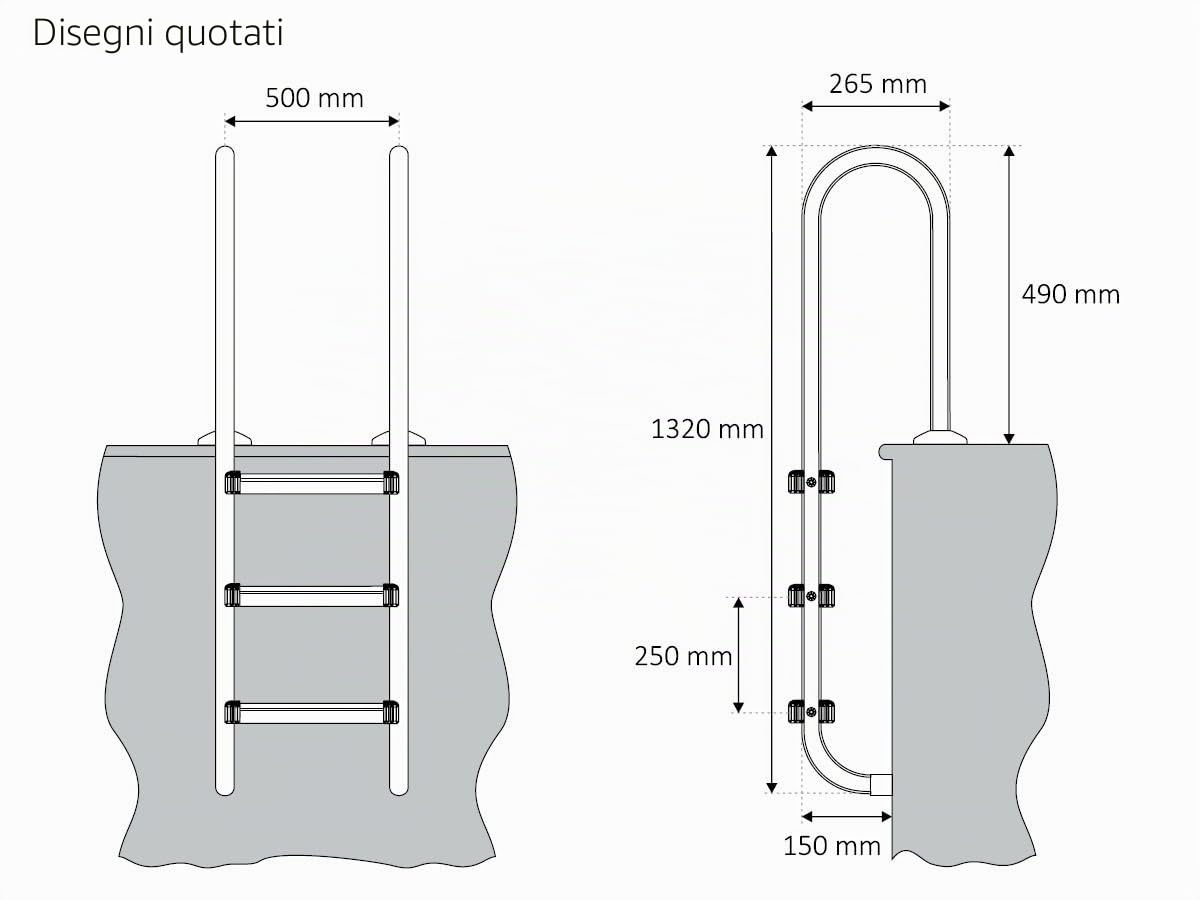 Zelsius Scaletta per piscina V2A in acciaio inox | 50 x 26,5 - argento | con protezione antiscivolo | scaletta per piscina e piscine