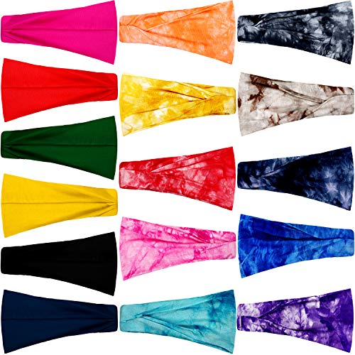 16 Pieces Elastic Bohemian Headbands Tie Dye Turban Headbands Colorful Wide Boho Hairbands Vintage Yoga Sports Headband Stretchy Headwraps for Women Girls, 2 Styles