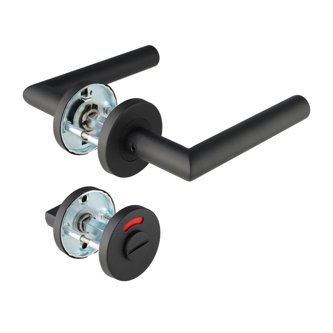 Manilla de Puerta Negra de Acero Inoxidable – Tirador Profesional en Forma de T – EN1906 Clase 3 – Juego de Manillas con Cerradura para Baño – Para Puertas Interiores