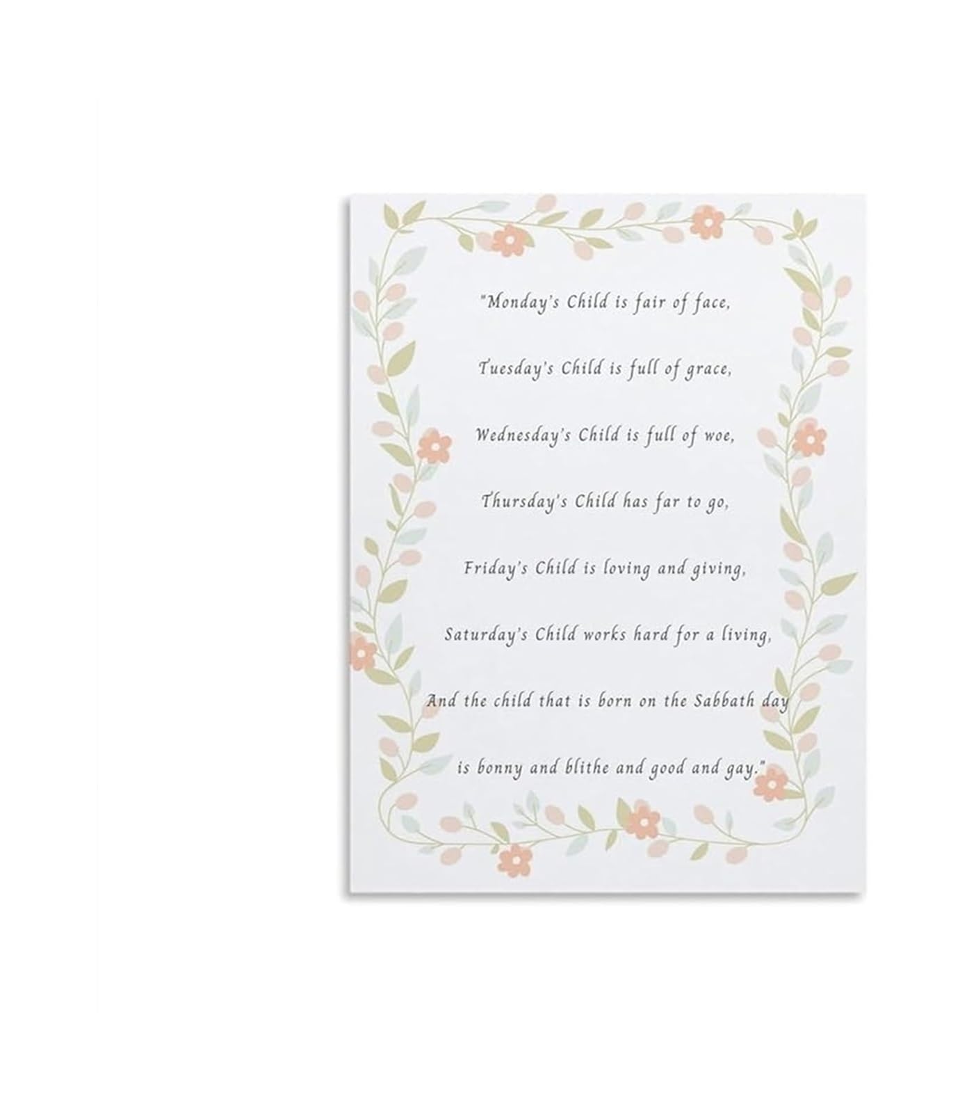ZDVHOMCB Whimsical Nursery Rhyme Canvas Monday’s Child Fair Of Face Wall-Art for Childrens Room Gift Framed,12x18inch(30x45cm)