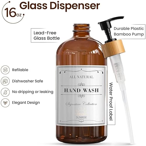 Image of Sunrise Premium 16 OZ Thick Amber Glass Soap Dispenser, Bamboo Pump with Tray 2 Pack, Hand and Dish Soap Dispenser Set for Bathroom with 6 Waterproof Labels
