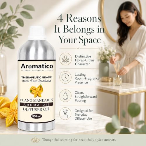 Image of AROMATICO Ylang Mandarin Diffuser Oil with Strong, Long-Lasting Aroma for Homes, Offices & Showrooms. Aromatherapy, Diffusers, Air Purifiers, Vaporizers - 500ML