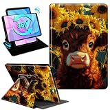 Gmeyutqy Case for Microsoft Surface Pro 11/10/9 13 Inch 2024/2022, 360 Degree Rotating Swivel Stand Flip Shockproof Leather Cover with Auto Sleep/Wake, Sunflowers Cow