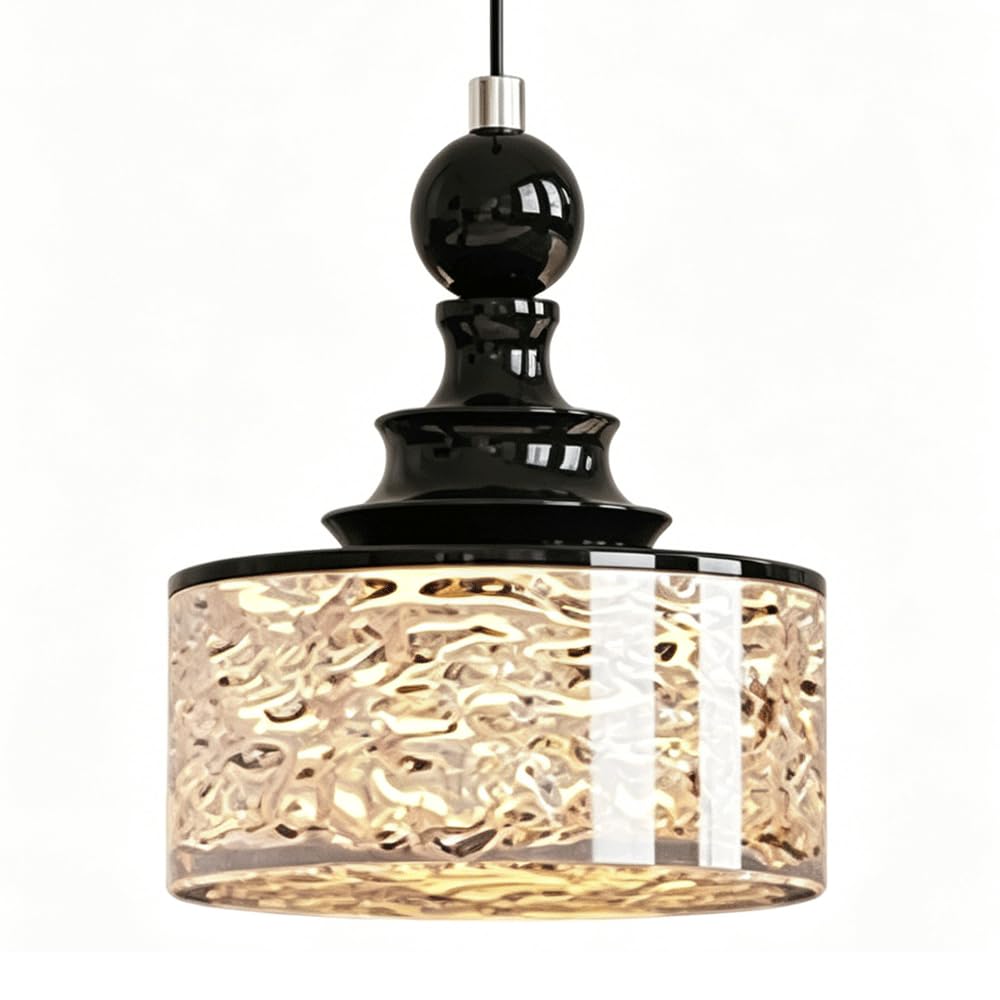 Cylindryczna lampa wisząca z żywicy w stylu Pagoda, francuski żyrandol retro z połowy wieku, żelazna rama z żywicy orzechowej/czarny i przezroczysty, 12 W LED, lampa wisząca do sypialni