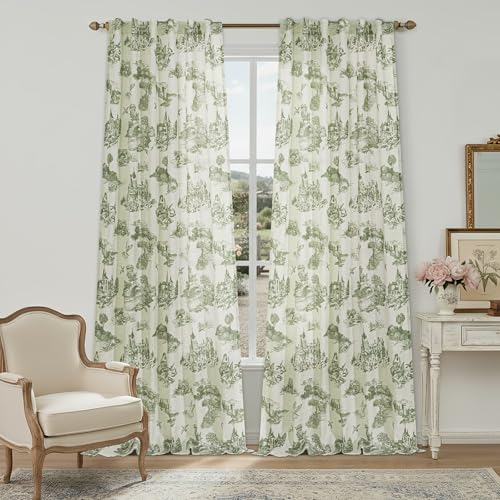 Green Sage Floral Linen Curtains 108 Inches Long for Living Room Bedroom Toile de Jouy Floral Printed Country Semi Sheer Curtains Back Tab Light Filtering Pattern 108 Inch Loden Olive Window Drapes