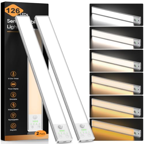 Image of 14.7 Inch Under Cabinet Lighting, 6 Color Temps Motion Sensor Light Indoor, LED Power Display Rechargeable Battery Operated Closet Light, Magnetic Dimmable Under Counter Lights for Kitchen-2 Pack
