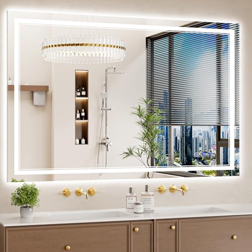 Image of 36 inchx55 inch LED Bathroom Mirror with Lights, Anti-Fog, Backlit + Front Lit, Dimmable, Led Vanity Mirror for Wall, Lighted Bathroom Mirror, 3 Colors, Shatter-Proof Tempered Glass