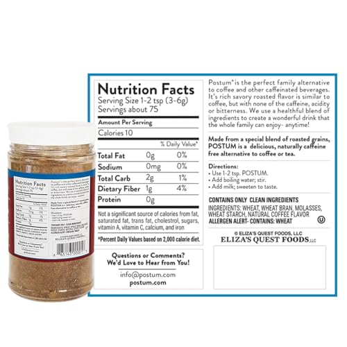 Postum Natural Coffee Flavor Coffee Substitute (8oz) Coffee Alternative Caffeine Free with Roasted Wheat Bran & Molasses | Natural, Non-GMO, Vegan Coffee Replacement Drink - Thumbnail 6