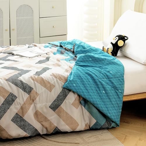 Image of Ac Comforter Single Bed Boho with Satin Finish 240 GSM - Reversible AC Comforter -Cyan Blue & White, Geometric Comforter Quilt Duvet Dohar Blanket for Summer 150 X 225 cm