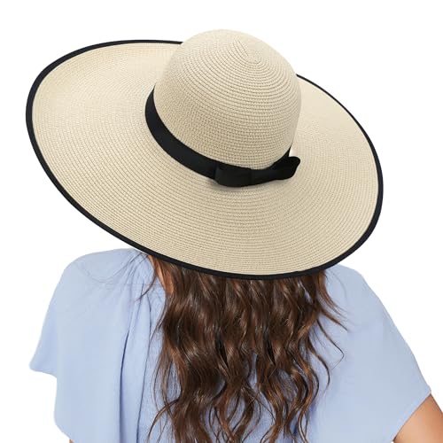 Image of Women Wide Brim Sun Hat UPF50 Straw Summer Hat Floppy Beach Hat Roll-Up