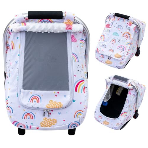 Image of Baby Car Seat Cover for Girls, Breathable Infant Car Seat Cover for Outdoor | Warm Carseat Cover with Privacy Sun Shade & Mesh Window, Easy Access Baby Carrier Cover Fit Baby Stroller