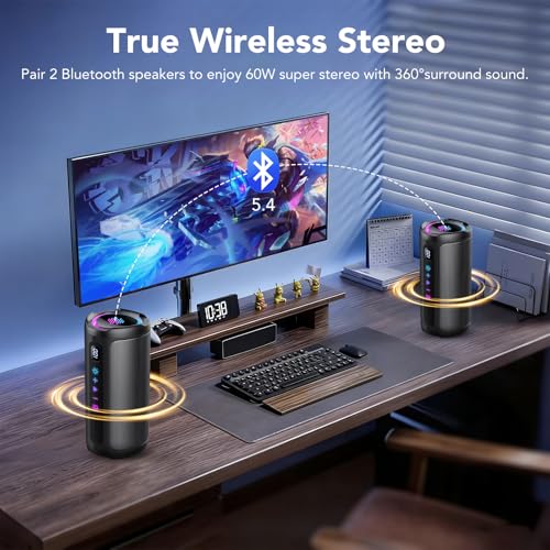 Image of Portable Bluetooth Speaker with Battery Level Display, Powerful Sound Wireless Speaker: Deep Bass, BT 5.4, 20H Playtime, 7 RGB Modes, IPX7 Waterproof, TWS Pairing, Beach /Vacation Essentials(Black)