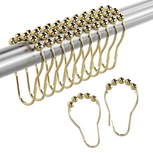 Image of Amazer Shower Curtain Hooks Rings, Anti-Rust Metal Double Glide Shower Hooks for Bathroom Shower Rods Curtains-Set of 12-Gold