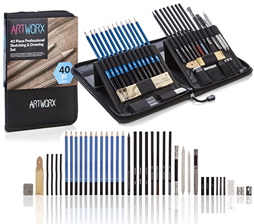 Artworx Drawing Pencils Set - Complete Artist Sketching Case - Art Pencils, Charcoal & Graphite