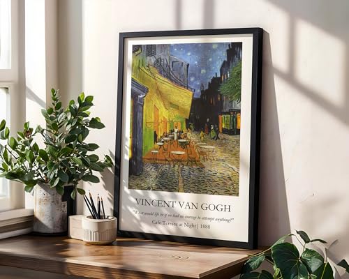 Image of Waltractive Vincent Van Gogh Paintings Framed Poster with Beautiful Quotes - Available in 33x22 and 48x33 CM - Classic Art Poster with sleek Black Frame - Elegant Home and Office Decor (Cafe Terrace at Night, 9x13 Inch, Framed)