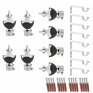 GLOXY Double Colour Stainless Steel & ABS Curtain Bracket Parda Holder with Support 1 Inch Rod Pocket Finials Designer Door and Window Rod Support Fittings, Curtain Rod Holder(Brown, Pair of 4)