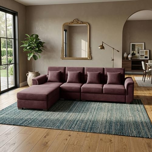 Image of Wood 6 Seater Sofa Set | Velvet Fabric Upholstery | Modern Wooden Frame Sectional Couch with Cushions for Living Room, Home & Office (Brown)