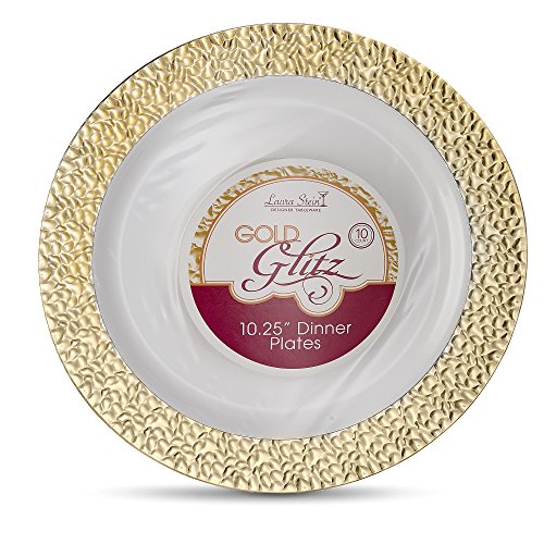 [60 Count - 10 Inch Plates] Laura Stein Designer Tableware Premium Heavyweight Plastic White Dinner Plates With Gold Border, Party & Wedding Plate, Glitz Series, Disposable Dishes