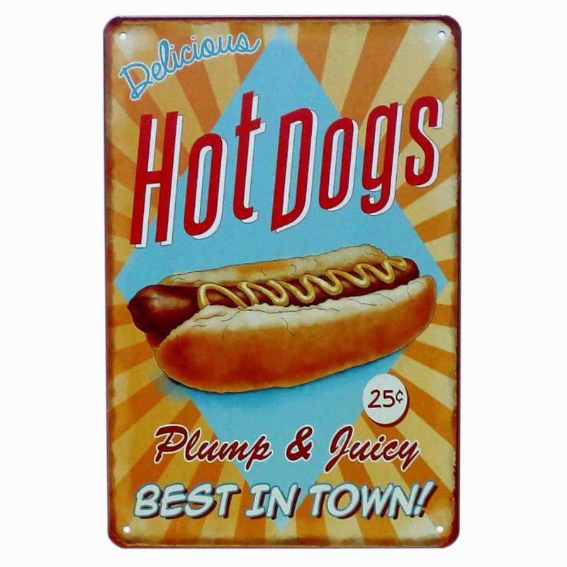 Fast Food Hotdogs - Placa de metal retro vintage (4 unidades)