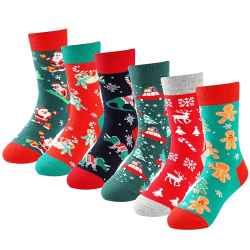BISOUSOX Calcetines Navideños para Niños Algodón Calcetín Navidad Niña 6 Pares Medias Navidad Niño Calcetín de Papá Noel Regalo