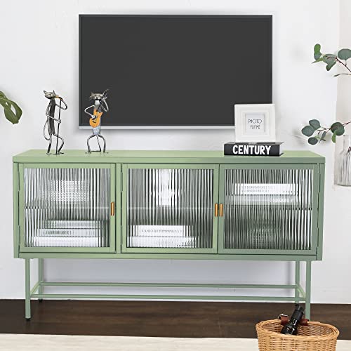Ikayaa Sideboard Buffet Cabinet With 3 Fluted Glass Doors And Detachable Shelf Metal Storage Cabinet Console Table With Wide Countertop For Living Dining Room Bedroom Entryway Mint Green #TOP14