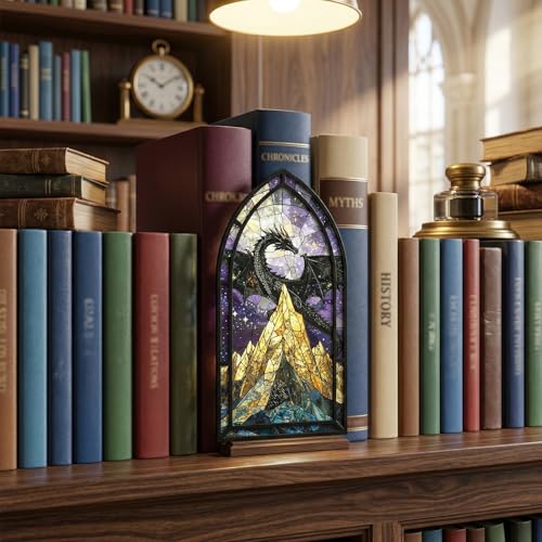 Buchstütze Drache, Fantasy Deko für Bücherregal, Buchstützen Vintage aus Acryl Holz, Geschenke für Buchliebhaber zur Schreibtisch Klassenzimmer Wohnzimmer Schrank Leseecke (Grüne Berge)