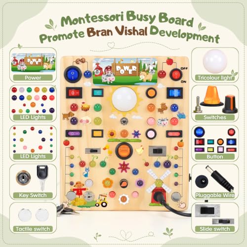Image of Busy Board with 19 LED Light Switches, Montessori Toys for 1 2 3 Years Old, Wooden Sensory Board, Toddlers Activity Travel Toys for 1 2 3 Year Old Boy & Girl Birthday Gift (Big Farm)