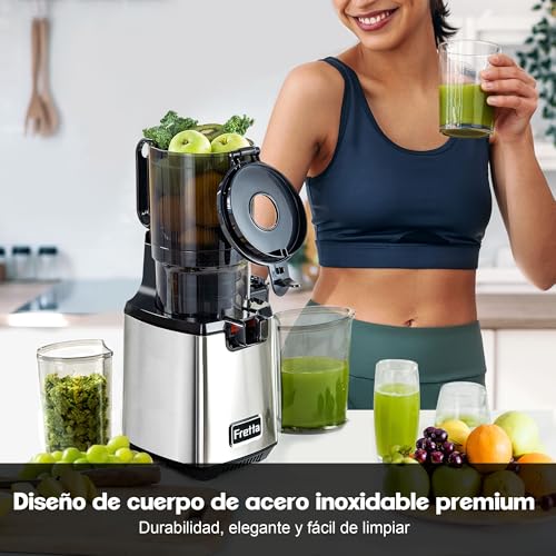 Extractores de zumo de masticación lenta Fretta, Chute de masticación de alimentación grande de 135 mm para frutas y verduras enteras, Jugadora automática de fácil limpieza, libre de BPA, 250W - imagen 7