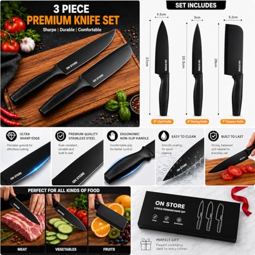 Image of ON STORE Kitchen Knife Set 3 Pcs - Ultra Sharp Stainless Steel Chef Knives with Ergonomic Non-Slip Handle - Professional Cooking Knife Set for Home & Kitchen Use